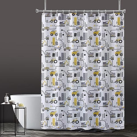 Lushomes shower curtain, Yellow Factory Kids Printed, Polyester waterproof 6x6.5 ft with hooks, non-PVC, Non-Plastic, For Washroom, Balcony for Rain, 12 eyelet & 12 Hooks (6 ft W x 6.5 Ft H, Pk of 1)