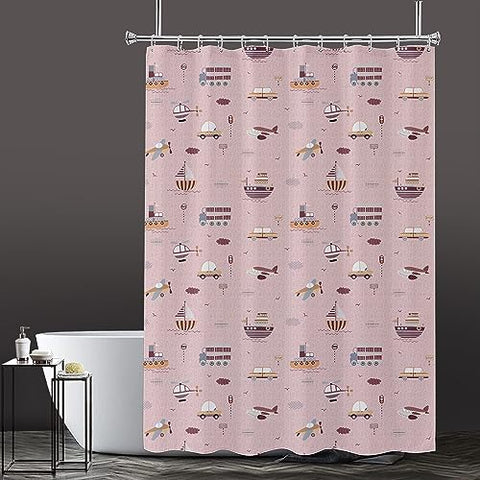 Lushomes shower curtain, Pink Travel Kids Printed, Polyester waterproof 6x6.5 ft with hooks, non-PVC, Non-Plastic, For Washroom, Balcony for Rain, 12 eyelet & 12 Hooks (6 ft W x 6.5 Ft H, Pk of 1)