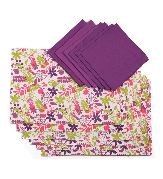 Lushomes table mat and napkins for dining table Set of 12, Puple Rain, Printed 6 Reversible Cotton Table Placemats of Size 13x19 Inches & 6 Cotton Table Napkins of Size 16x16 Inches (Set of 12)
