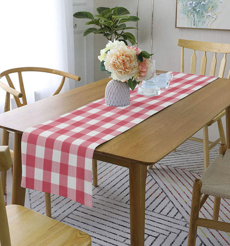 Lushomes Table Runner, Buffalo Checks PInk, Cotton Ribbed table runner for 6 or 8 seater dining table, dining table decorative items, Washable, Big Size (Single Layer, 13 x 98”, 33 x 250 cms)