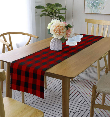 Lushomes Table Runner, Buffalo Checks Red/Black, Cotton Ribbed table runner for 4 or 6 seater dining table, dining table decorative items, Washable, Small Size (Single Layer, 13 x 51”, 33 x 130 cms)