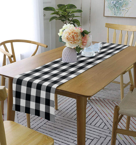 Lushomes Table Runner, Buffalo Checks Black, Cotton Ribbed table runner for 4 or 6 seater dining table, dining table decorative items, Washable, Small Size (Single Layer, 13 x 51”, 33 x 130 cms)