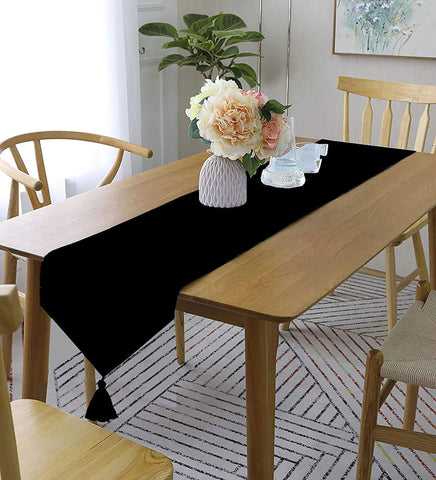 Lushomes Black Classic Cotton Dining Table Runner with Coordinating Cotton Tassel, table runner for 6 seater dining table, for centre table,  for dining table (Single Pc, 13” x 72”, 33 x 183 Cms)