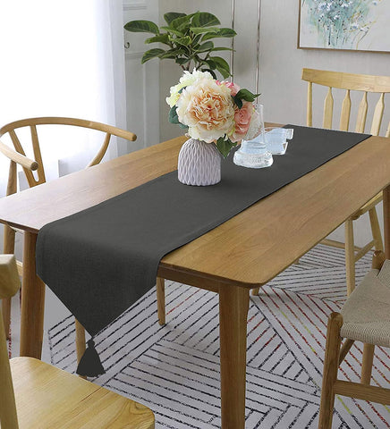 Lushomes Dark Grey Classic Cotton Dining Table Runner with Coordinating Cotton Tassel, table runner for 6 seater dining table, for centre table,  for dining table (Single Pc, 13” x 72”, 33 x 183 Cms)