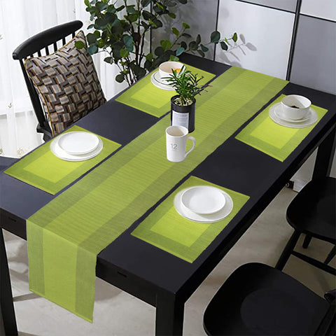 Lushomes Table Mat & Table Runner Set, Dining table mats 4 pieces in Size 13x19 Inches, 1 table runner 4 seater In Size 13x51 Inches, dining table accessories for home, For dining(Pack of 5, Green)