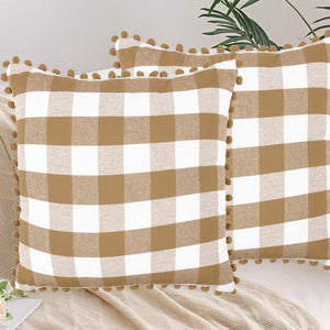 Lushomes Square Cushion Cover with Pom Pom, Cotton Sofa Pillow Cover Set of 2, 24x24 Inch, Big Checks, Beige and White Checks, Pillow Cushions Covers (Pack of 2, 60x60 Cms)