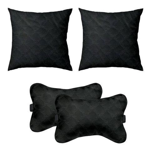 Lushomes Car Cushion Pillows for Neck, Back and Seat Rest, Pack of 4, Embossed Leatherlike Fabric 100% Polyester Material, 2 PCs Bone Neck Rest: 6x10 Inches, 2 Pcs of Car Cushion: 12x12 Inches, Black