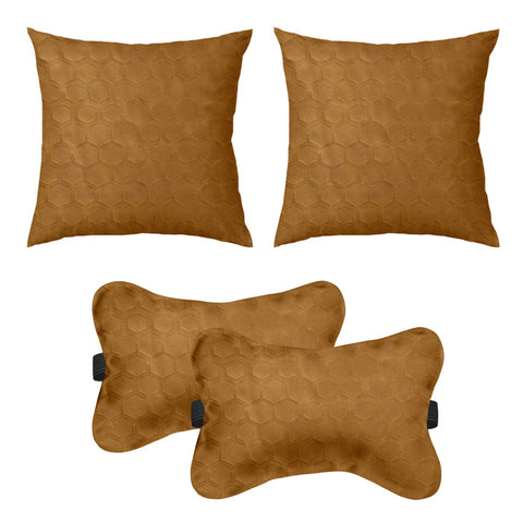 Lushomes Car Cushion Pillows for Neck, Back and Seat Rest, Pack of 4, Embossed Leatherlike Fabric 100% Polyester Material, 2 PCs Bone Neck Rest: 6x10 Inches, 2 Pcs of Car Cushion: 12x12 Inches, Beige