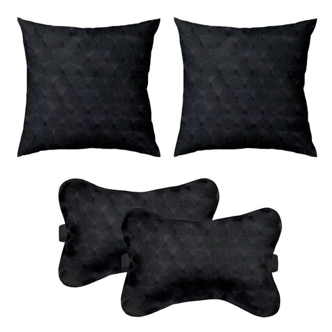 Lushomes Car Cushion Pillows for Neck, Back and Seat Rest, Pack of 4, Embossed Leatherlike Fabric 100% Polyester Material, 2 PCs Bone Neck Rest: 6x10 Inches, 2 Pcs of Car Cushion: 12x12 Inches, Black