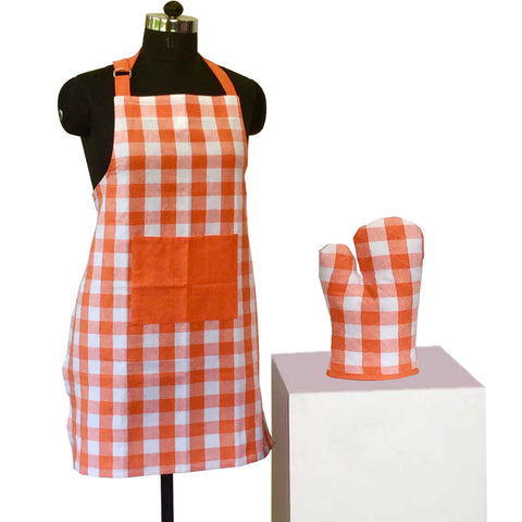Lushomes Checks Orange Kitchen Cooking Apron Set for Women,  apron for kitchen, kitchen apron for women (2 Pc Set, Oven Glove 17 x 32 cm, Apron 60 x 80 cms)