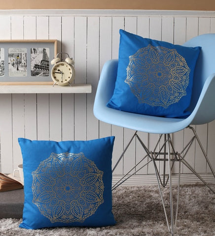 Lushomes Cushion covers 16 inch x 16 inch, Sofa Cushion Cover, Foil Printed Sofa Pillow Cover, festive cushion covers (Size 16 x 16 Inch, Set of 2, Blue)