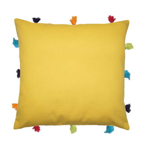Lushomes cushion cover 12x12, boho cushion covers, sofa pillow cover, cushion covers with tassels, cushion cover with pom pom (12x12 Inches, Set of 5, Yellow)