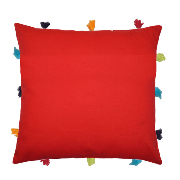 Lushomes cushion cover 12x12, boho cushion covers, sofa pillow cover, cushion covers with tassels, cushion cover with pom pom (12x12 Inches, Set of 3,Red)