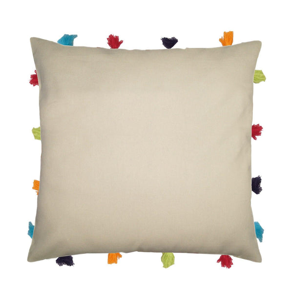 Lushomes Ecru Cushion Cover with Colorful tassels (3 pcs, 14 x 14”) - Lushomes