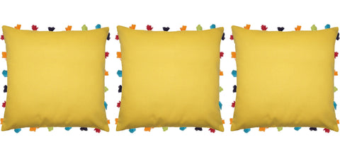 Lushomes Lemon Chrome Cushion Cover with Colorful tassels (3 pcs, 18 x 18”) - Lushomes