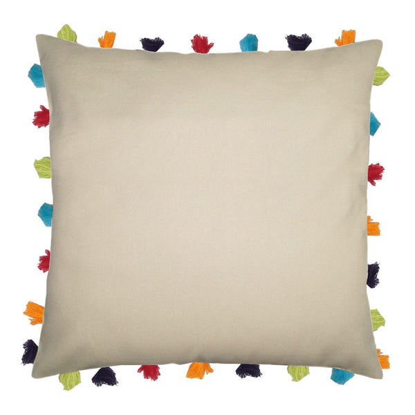 Lushomes Ecru Cushion Cover with Colorful tassels (3 pcs, 20 x 20”) - Lushomes