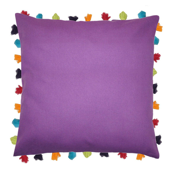 Lushomes Royal Lilac Cushion Cover with Colorful tassels (3 pcs, 24 x 24”) - Lushomes