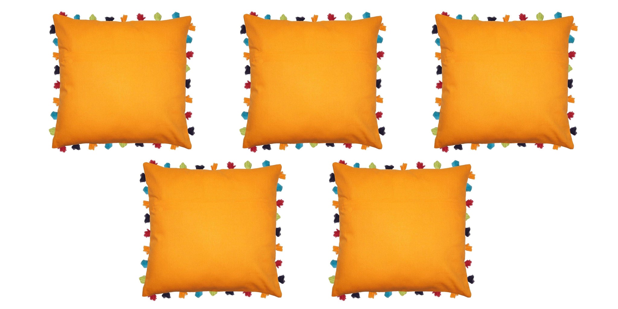 Lushomes Sun Orange Cushion Cover with Colorful tassels (5 pcs, 24 x 24”) - Lushomes