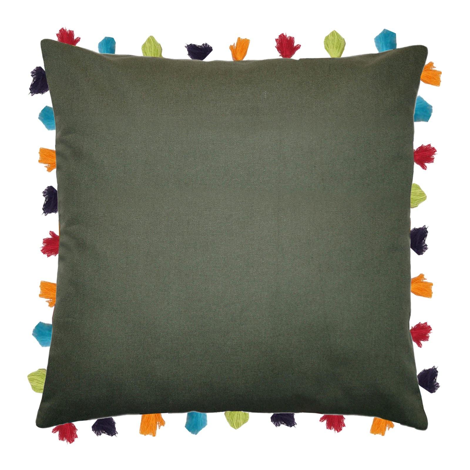 Lushomes Vineyard Green Cushion Cover with Colorful tassels (Single pc, 24 x 24”) - Lushomes