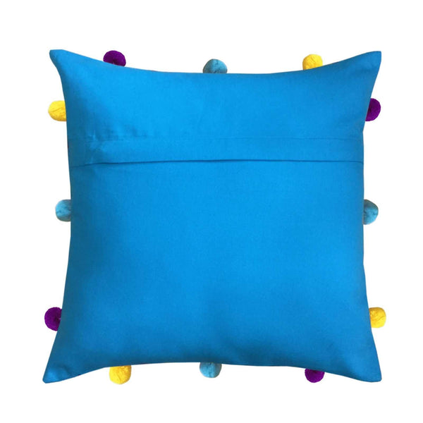 Lushomes Blue Sofa Cushion Cover Online with Colorful Pom Pom (Pack of 3 pcs, 12 x 12 inches) - Lushomes