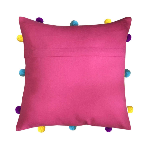 Lushomes Rasberry Cushion Cover with Colorful pom poms (Single pc, 12 x 12”) - Lushomes