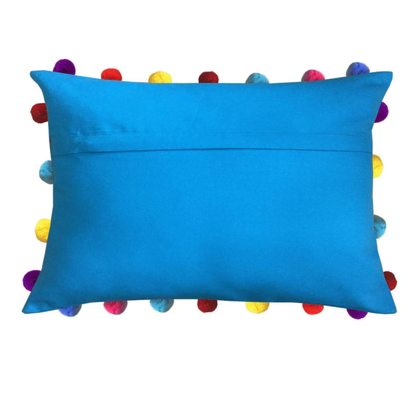 Lushomes Blue Sofa Cushion Cover Online with Colorful Pom Pom (Pack of 3 Pcs , 14 x 20 inches) - Lushomes