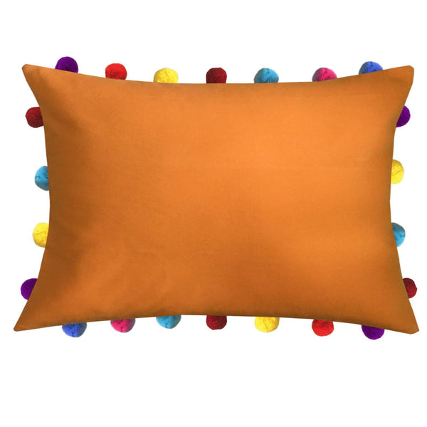 Lushomes Sun Orange Cushion Cover with Colorful Pom poms (5 pcs, 14 x 20”) - Lushomes