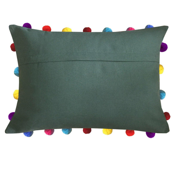 Lushomes Vineyard Green Cushion Cover with Colorful Pom poms (Single pc, 14 x 20”) - Lushomes