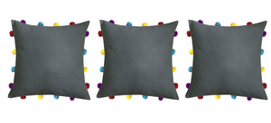 Lushomes Sedona Sage Cushion Cover with Colorful pom poms (3 pcs, 14 x 14”) - Lushomes