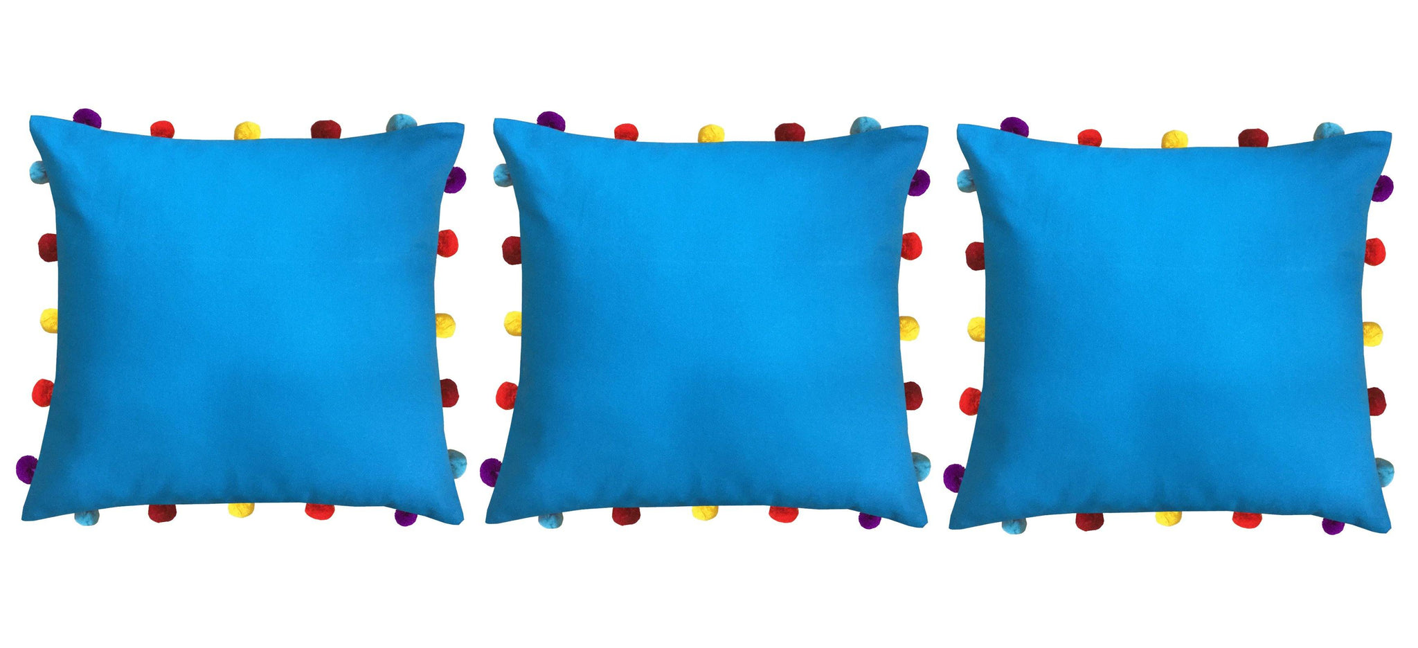 Lushomes Blue Sofa Cushion Cover Online with Colorful Pom Pom (Pack of 3 Pcs, 16 x 16 inches) - Lushomes