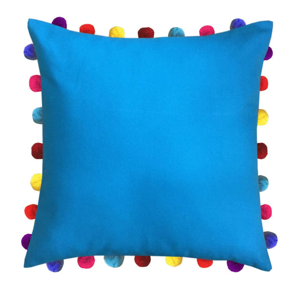 Lushomes Blue Sofa Cushion Cover Online with Colorful Pom Pom (Pack of 3 Pcs, 20 x 20 inches) - Lushomes