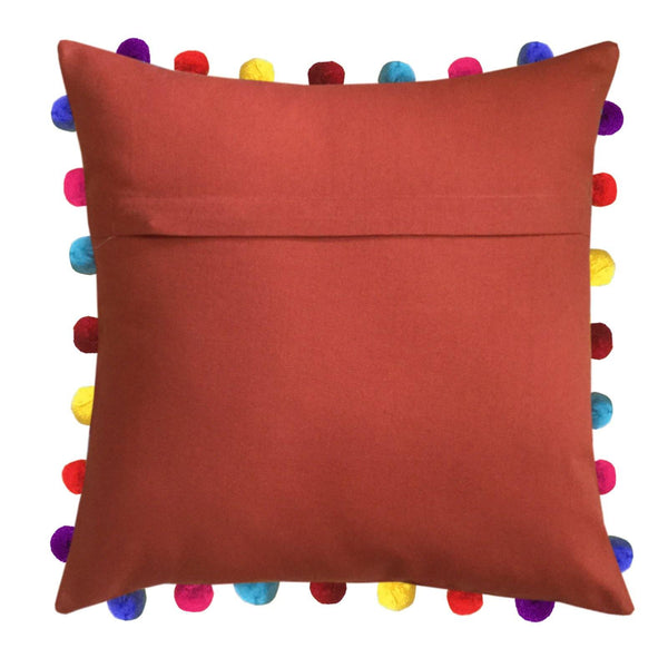 Lushomes Red Wood Cushion Cover with Colorful Pom Poms (Single pc, 20 x 20”) - Lushomes