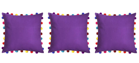 Lushomes Royal Lilac Cushion Cover with Colorful Pom Poms (3 pcs, 20 x 20”) - Lushomes