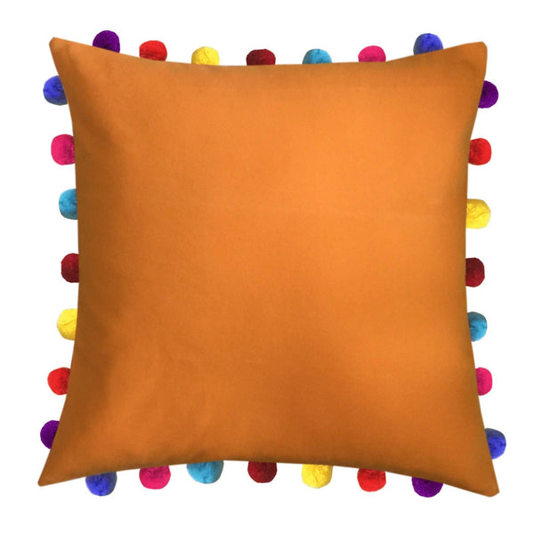 Lushomes Sun Orange Cushion Cover with Colorful Pom Poms (3 pcs, 20 x 20”) - Lushomes