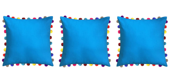 Lushomes Blue Sofa Cushion Cover Online with Colorful Pom Pom (Pack of 1 Pc, 24 x 24 inches) - Lushomes