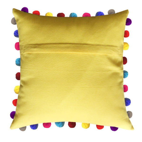 Lushomes Lemon Chrome Cushion Cover with Colorful Pom poms (Single pc, 24 x 24”) - Lushomes