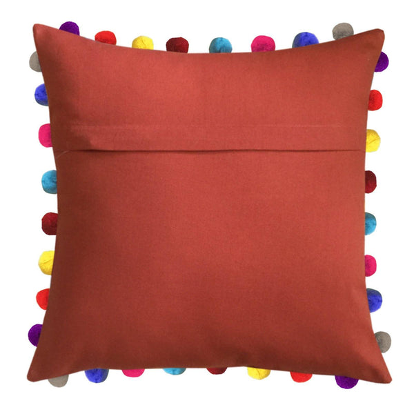 Lushomes Red Wood Cushion Cover with Colorful Pom poms (Single pc, 24 x 24”) - Lushomes