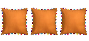 Lushomes Sun Orange Cushion Cover with Colorful Pom poms (3 pcs, 24 x 24”) - Lushomes
