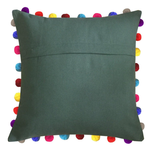 Lushomes Vineyard Green Cushion Cover with Colorful Pom poms (Single pc, 24 x 24”) - Lushomes