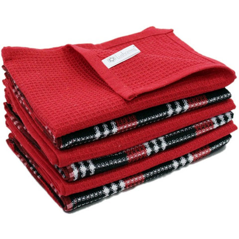 Lushomes Kitchen Cleaning Cloth, Waffle Cotton Dish Machine Washable Towels for Home Use, Pack of 6 Towel, 16x24 Inches (40x60 Cms, Set of 6) (Red + Black)