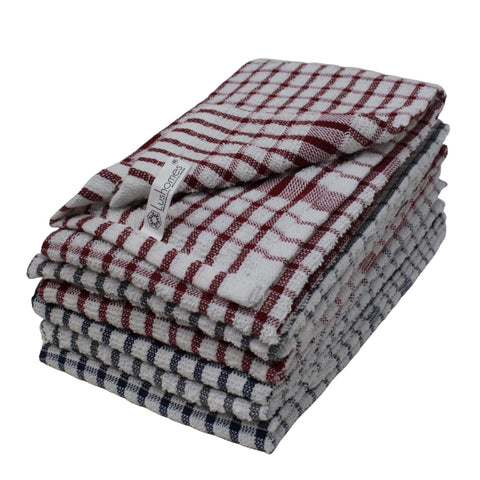 Lushomes Kitchen Towel, Kitchen Cleaning Cloth, Terry Cotton Dish Machine Washable Towels for Home Use, 6 Pcs Red Blue Grey Checks Hand Towel, 16x26 Inches, 300 GSM (45x68 Cms, Set of 6)