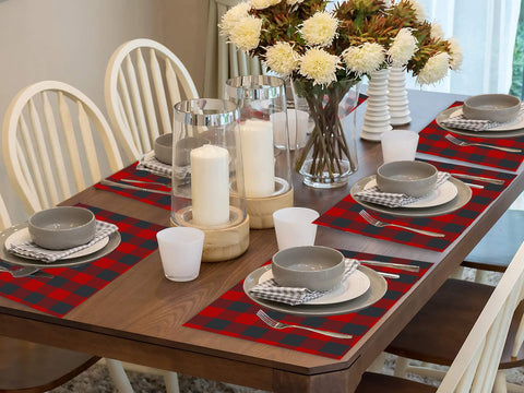 Lushomes Buffalo Checks Red & Black Plaid Dinning Table Place Mats, dish drying mat for kitchen, fridge mat, Apt for 4 seater dining table (Pack of 6 Ribbed Dinning Mats, 13 x 18”, 33 x 48 cms)