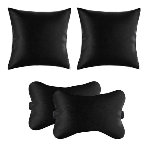 Lushomes Car Pillows for Neck, Back and Seat Rest, Pack of 4, Black PU Faux Leather, Car Bed for Back Seat, Car Accessories (2 Bone Pillow Size: 6x10 Inch + 2 Car Cushions Size 12x12 Inch, Pk of 4)