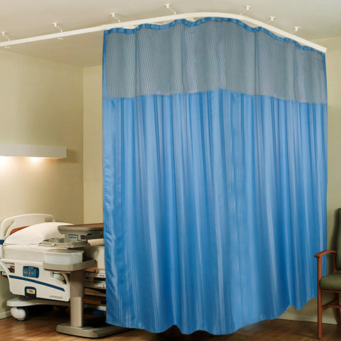 Hospital Partition Curtains, Clinic Curtains Size 9 FT W x 7 ft H, Channel Curtains with Net Fabric, 100% polyester 18 Rustfree Metal Eyelets 18 Plastic Hook, Dark Blue, Stripes (9x7 FT, Pk of1)