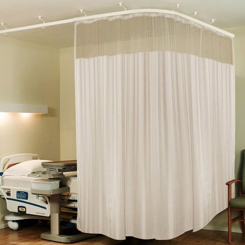 Hospital Partition Curtains, Clinic Curtains Size 18 FT W x 7 ft H, Channel Curtains with Net Fabric, 100% polyester 36 Rustfree Metal Eyelets 36 Plastic Hook, Cream, Stripes Design (18x7 FT, Pk of 1)