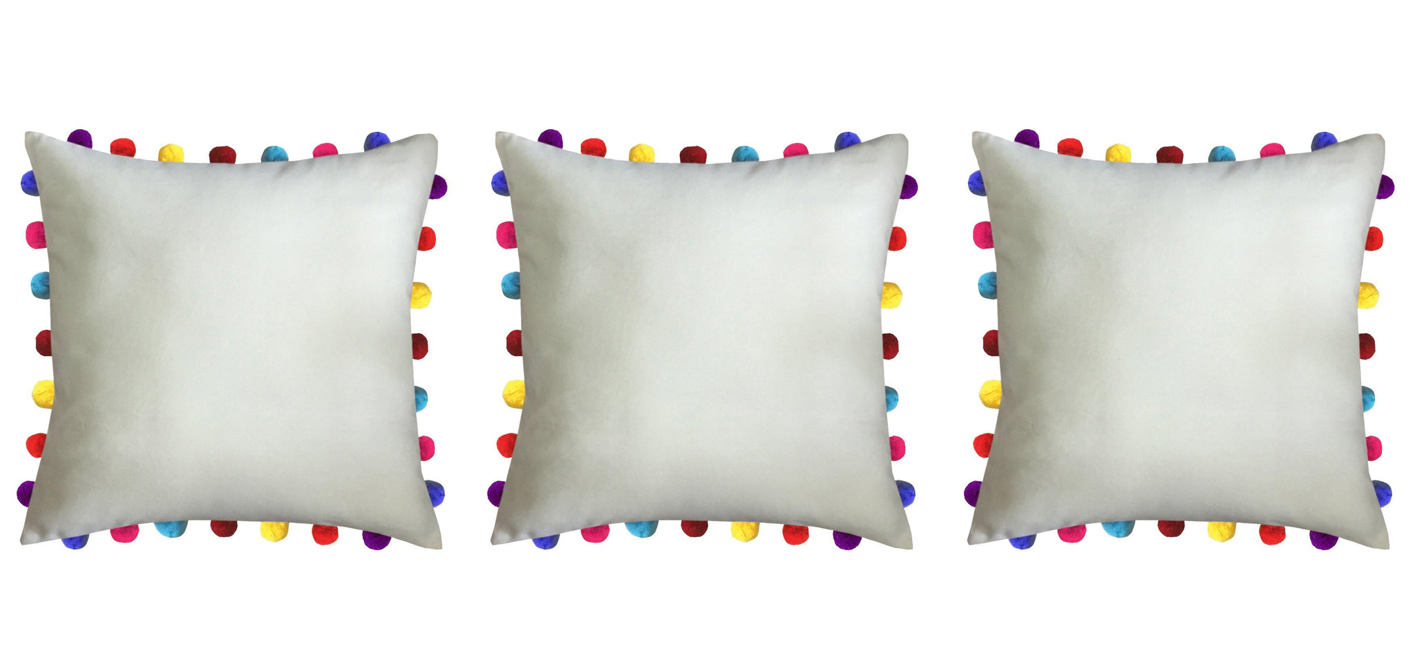 Lushomes Ecru Cushion Cover with Colorful Pom Poms (3 pcs, 20 x 20‰۝) 
