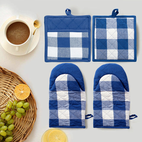 Lushomes 4 Pack Buffalo Check Quilted Heat Resistant Cotton Oven Mitt & Pot Holder Set, Blue/White, For Baking, Grilling, BBQ, Cooking, Handling Pots, 2 Pcs Glove 6x13 Inch, 2 Pcs Pot Holder 9x8 Inch