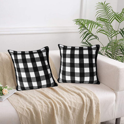 Lushomes Square Cushion Cover with Blanket Stitch, Cotton Sofa Pillow Cover Set of 2, 18x18 Inch, Big Checks, Black and White Checks, Pillow Cushions Covers (Pack of 2, 45x45 Cms)