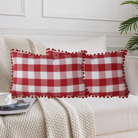 Lushomes Rectangle Cushion Cover with Pom Pom, Cotton Sofa Pillow Cover Set of 2, 12x20 Inch, Big Checks, Red and White Checks, Pillow Cushions Covers (Pack of 2, 30x50 Cms)