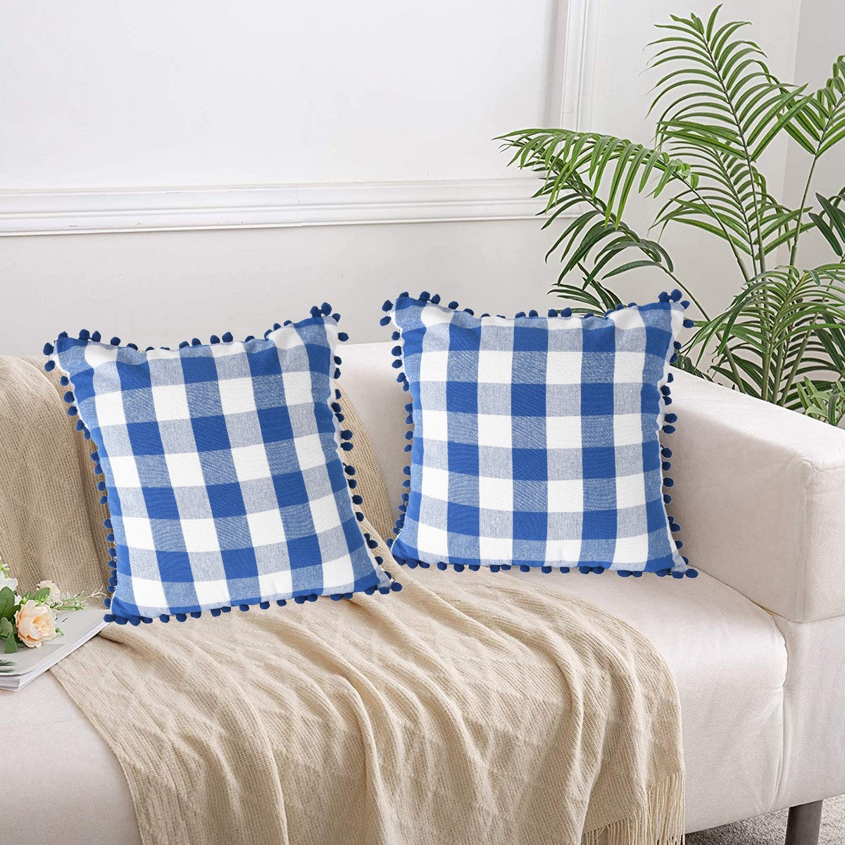 Lushomes Square Cushion Cover with Pom Pom, Cotton Sofa Pillow Cover Set of 2, 20x20 Inch, Big Checks, Blue and White Checks, Pillow Cushions Covers (Pack of 2, 50x50 Cms)